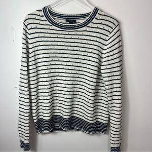 J. Crew White and Navy Pointelle Striped Crew Neck Sweater